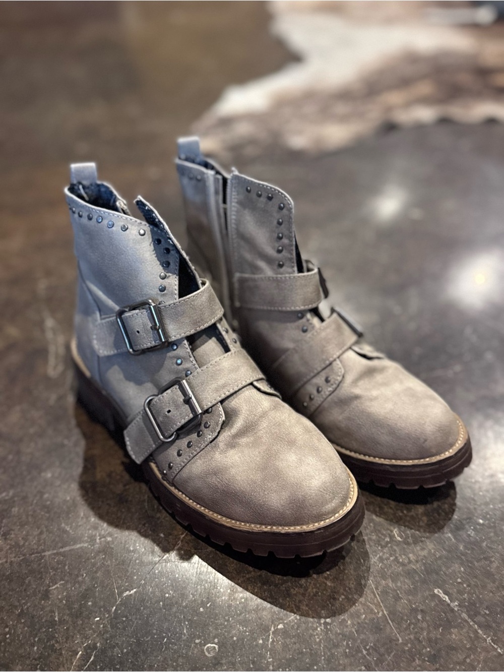 Very G Gray Studded Double-Buckle Combat Boots